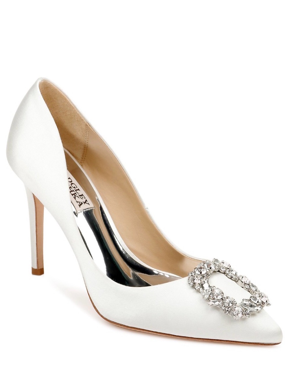 Badgley Mischka White Satin Cher Crystal Buckle Pumps